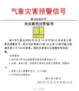 ​海口大雾黄色预警！