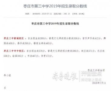 ​枣庄三中2019年招生录取分数线出了