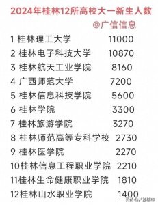 ​2024年12所桂林高校新生人数5.9万，前三高校桂林理工，桂林电子